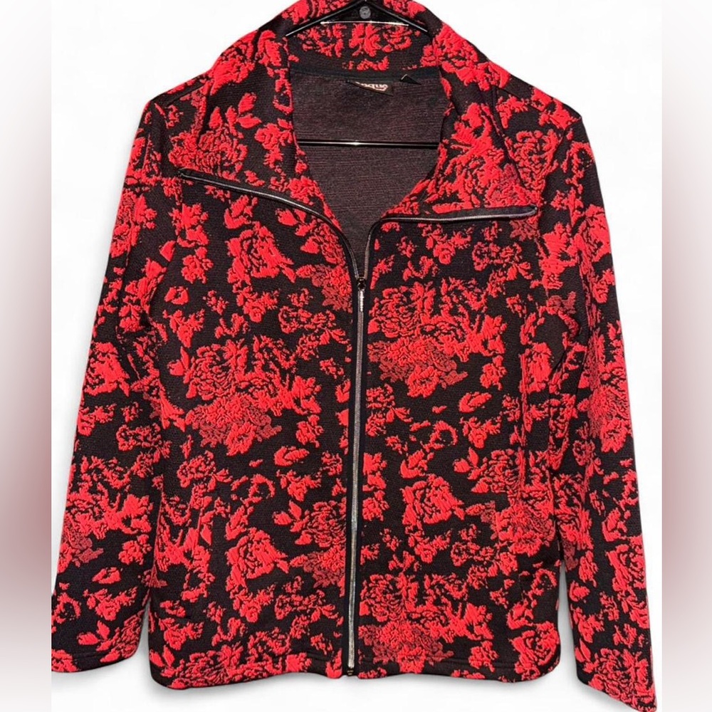 Vintage Onque Casual Floral Jacquard Red and Black Textured Women's Zip Jacket - Picture 1 of 4